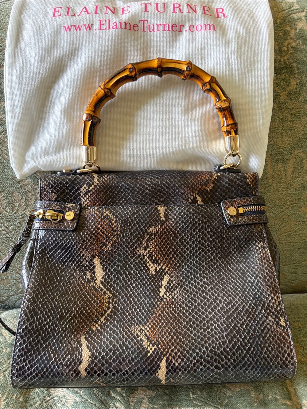 Elaine Turner Brown Python-Print Leather Satchel with Bamboo Handle